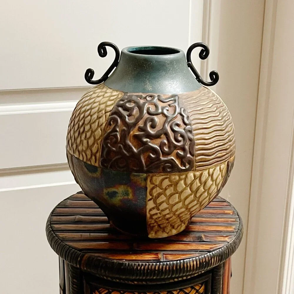 Pier 1 Vase Tan Turquoise Blue Multi Color Texture Pattern Ceramic Metal Unique!